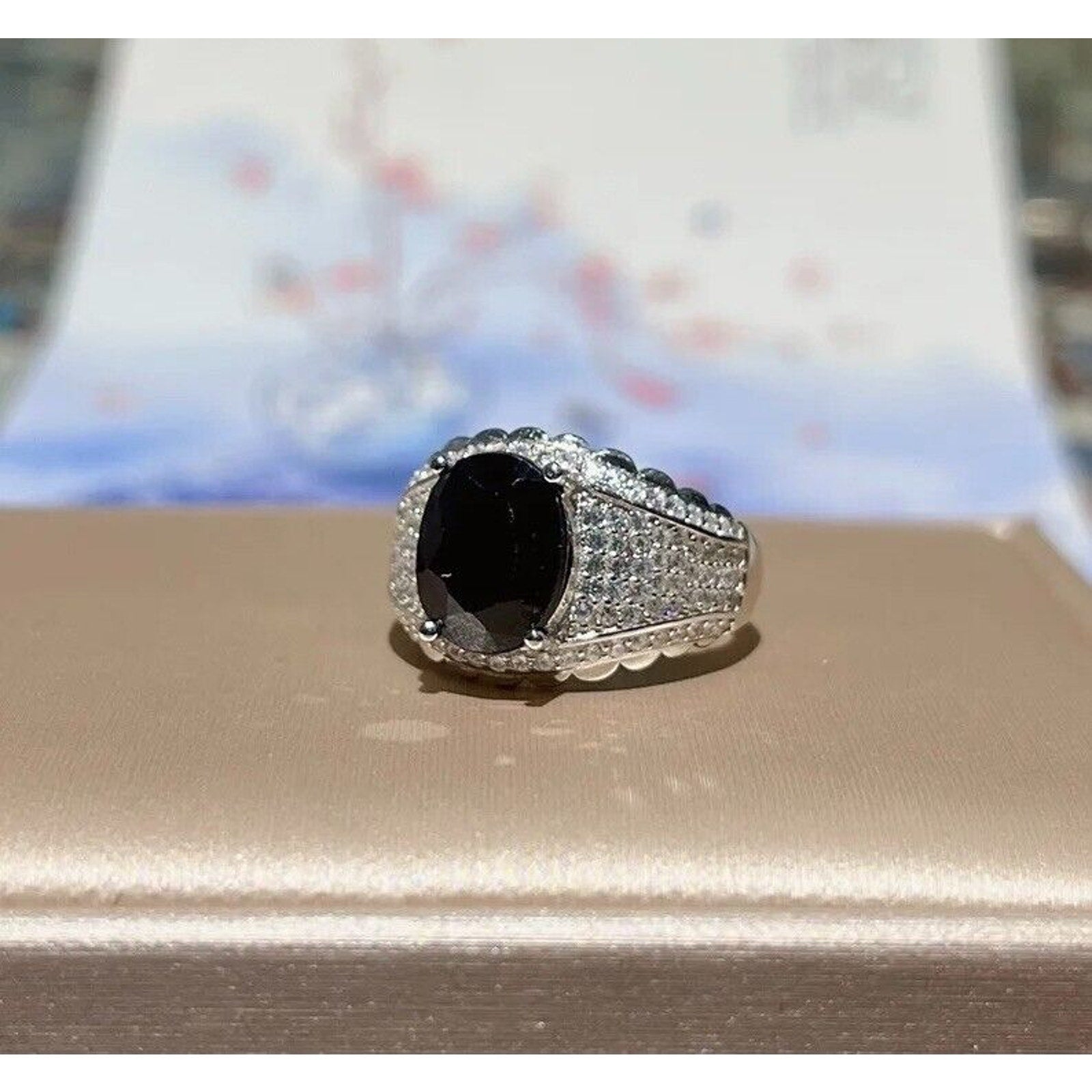 Mens Black Sapphire Cocktail Ring 8x10mm, Mens Sapphire Gemstone Rings