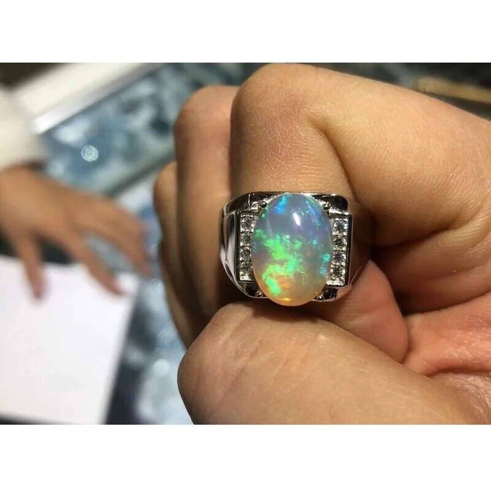 Men's Fire Opal Ring 10x15mm, Natural Opal Men's Ring 925 Sterling Silver