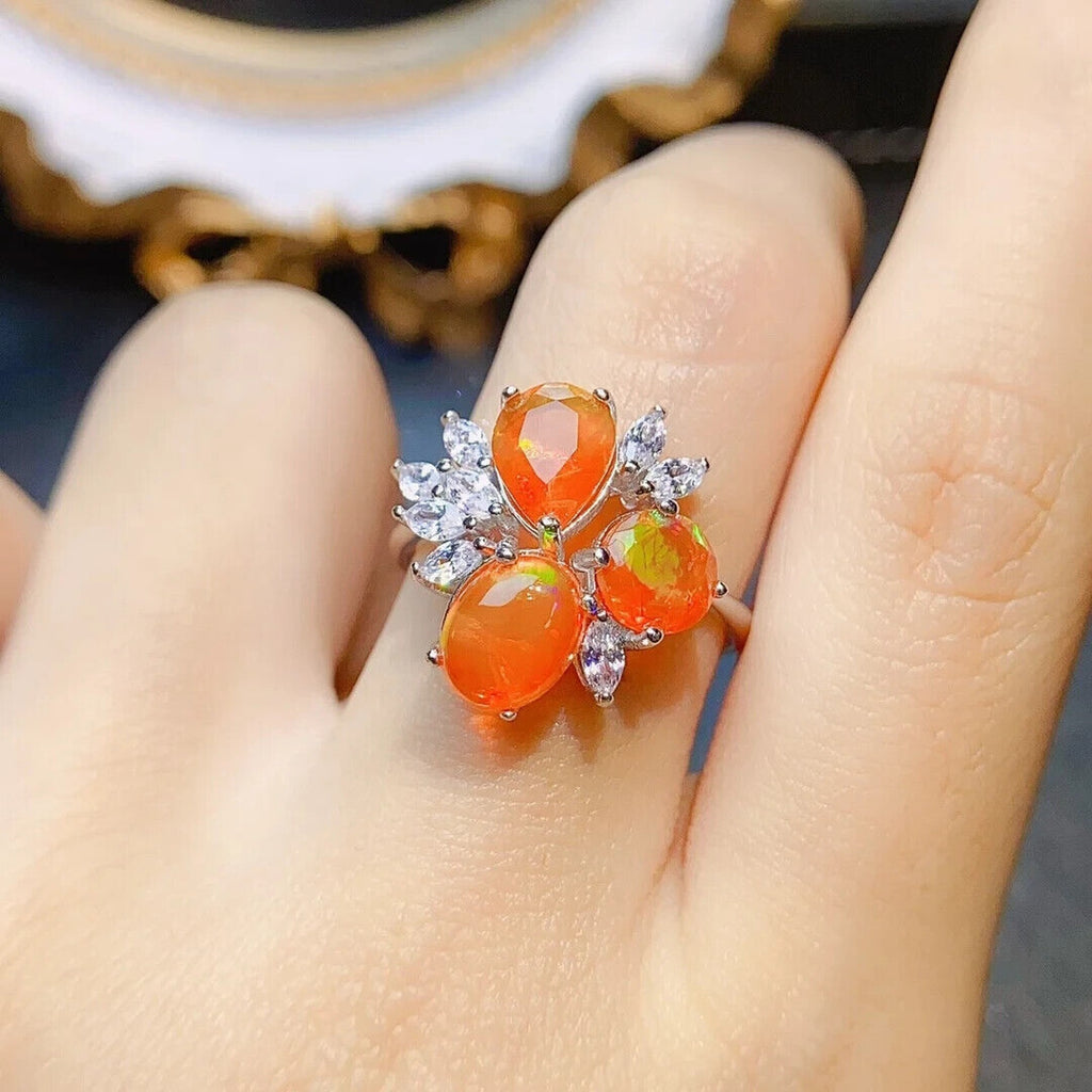 Orange Mexican Fire Opal Cluster Ring, Natural Orange Opal Ring Sterling Silver
