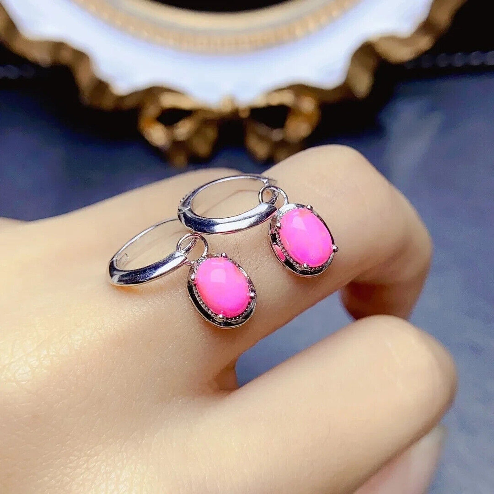 Pink Fire Opal Dangle Earrings 5x7mm, Natural Pink Opal Earrings Sterling Silver