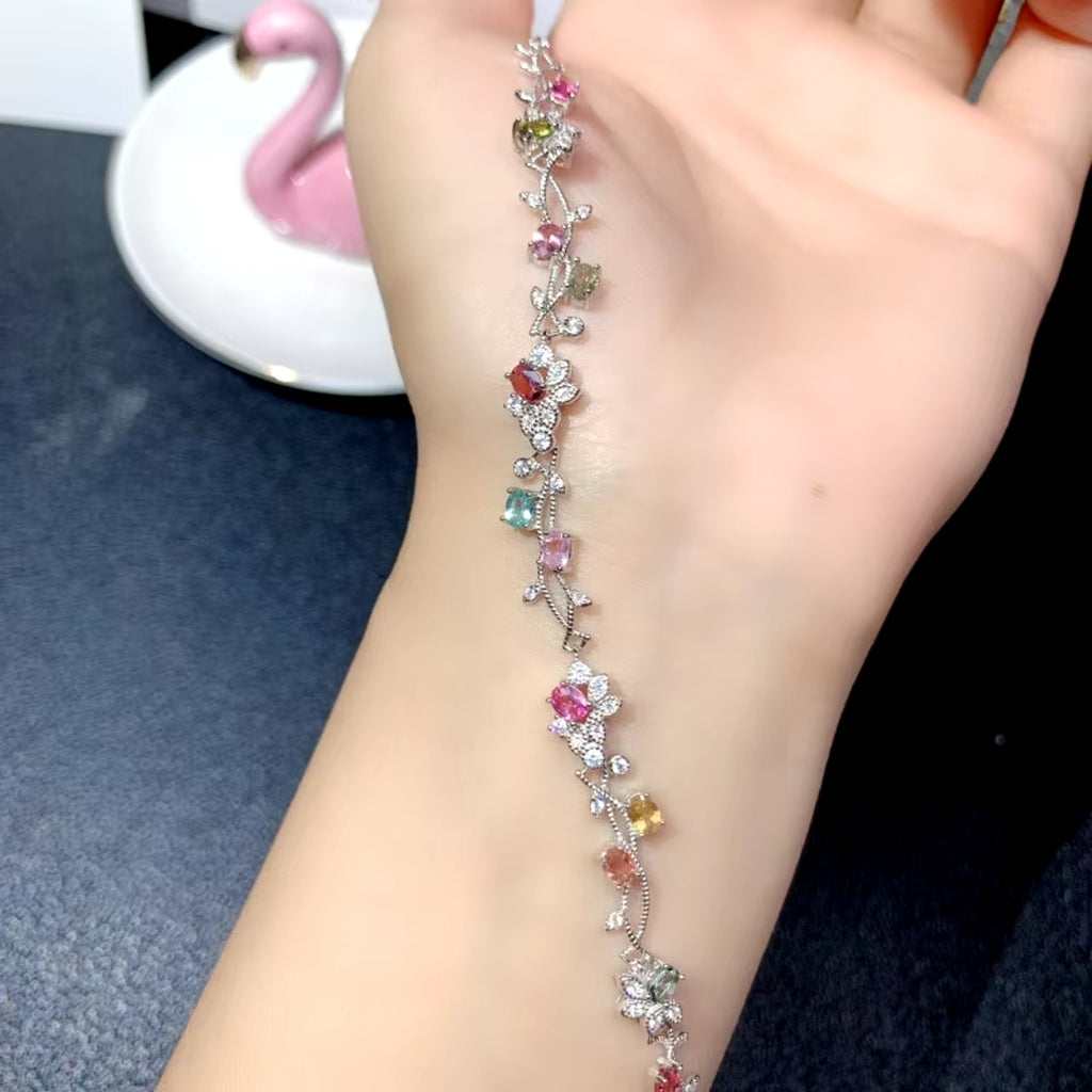 Natural Brazilian Tourmaline Tennis Bracelet, Tourmaline Flower Bracelet