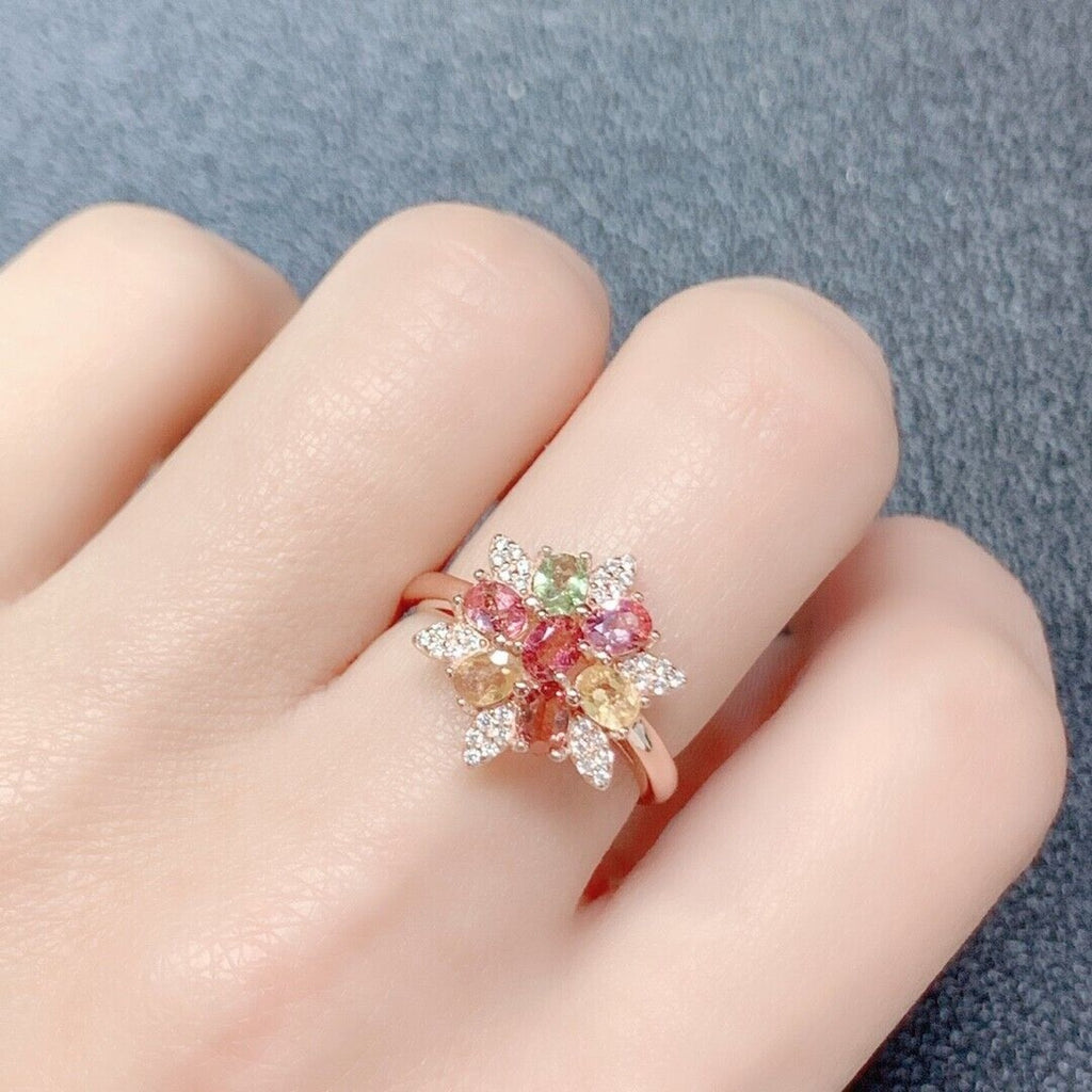 Natural Tourmaline Flower Cluster Ring, Women's Tourmaline Rings Silver