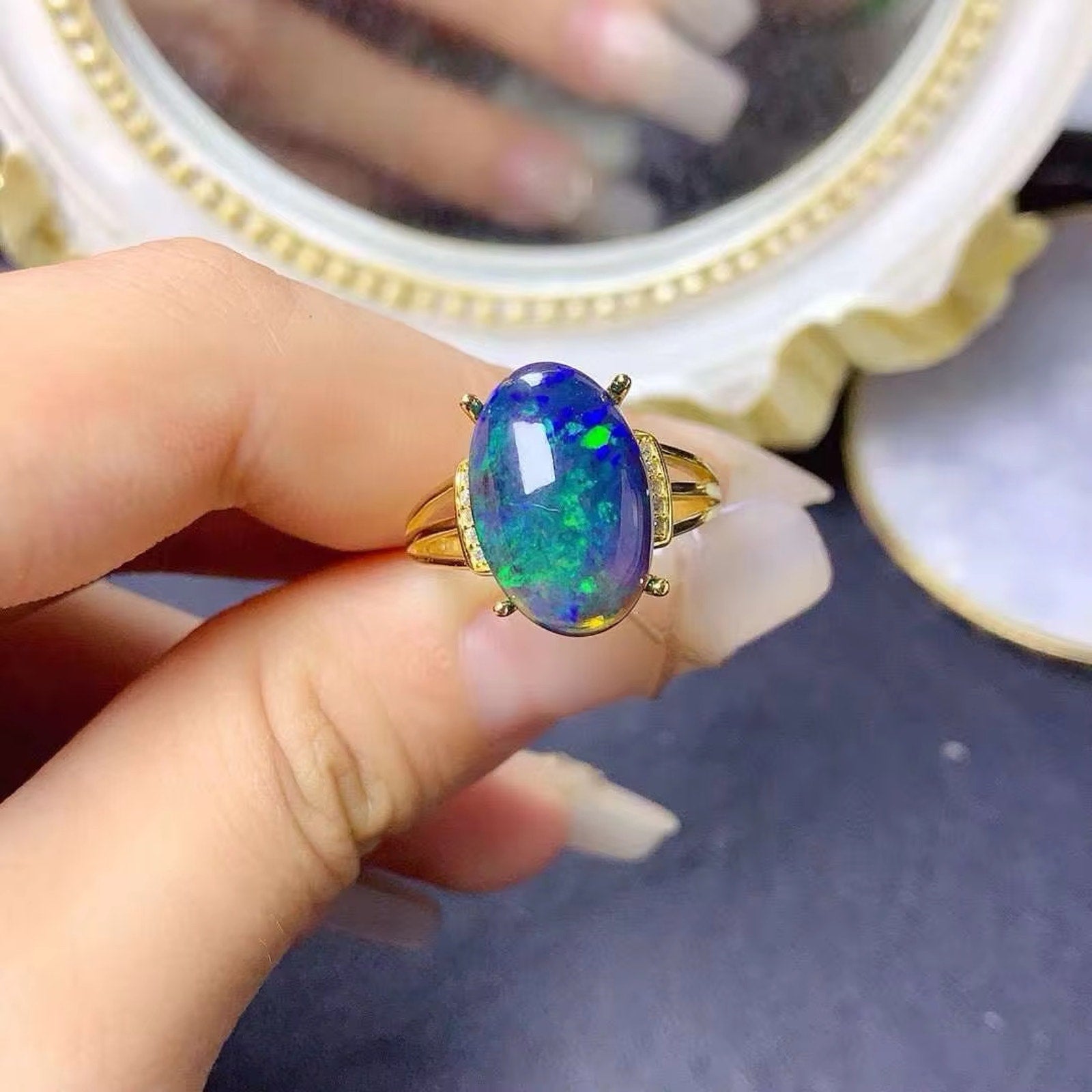 Black Opal Statement Ring, Australian Fire Opal Ring Sterling Silver 10x14mm