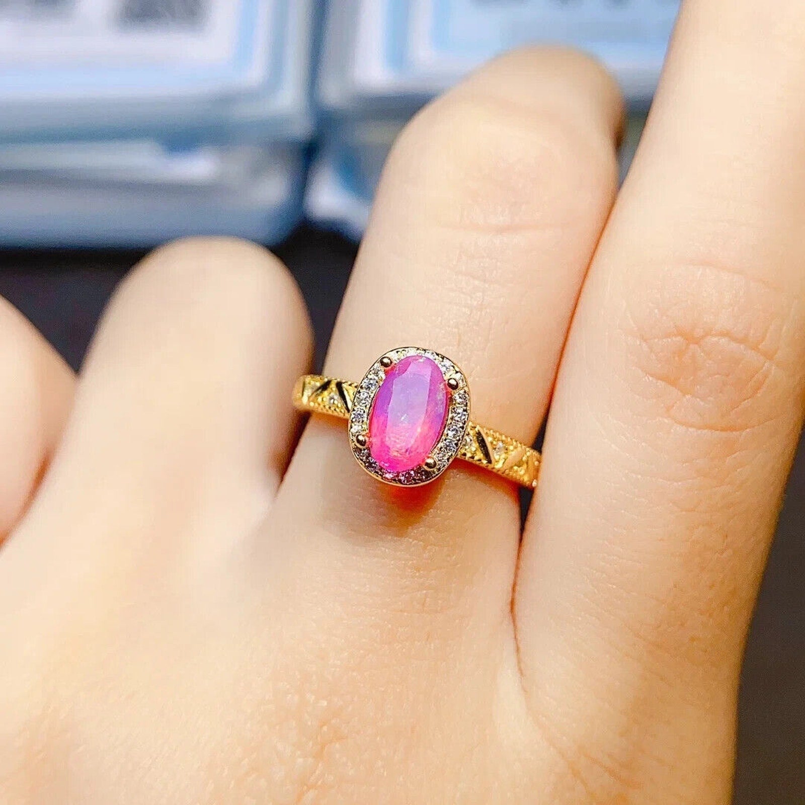 Pink Fire Opal Cocktail Ring 4x8mm, Natural Pink Fire Opal Ring 925 Sterling