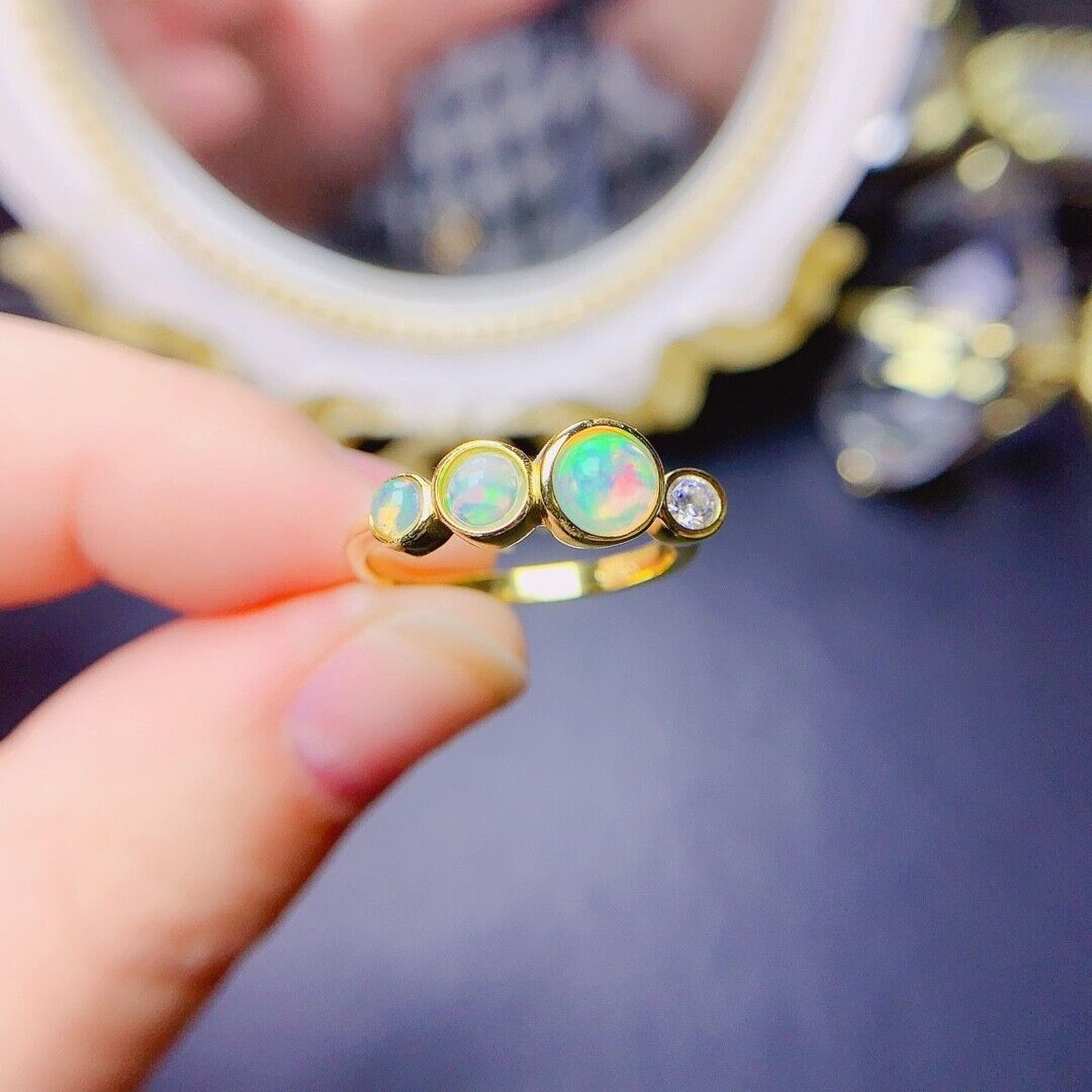Adjustable Opal Stacking Ring, Stackable Opal Ring, Bezel Set Opal Ring
