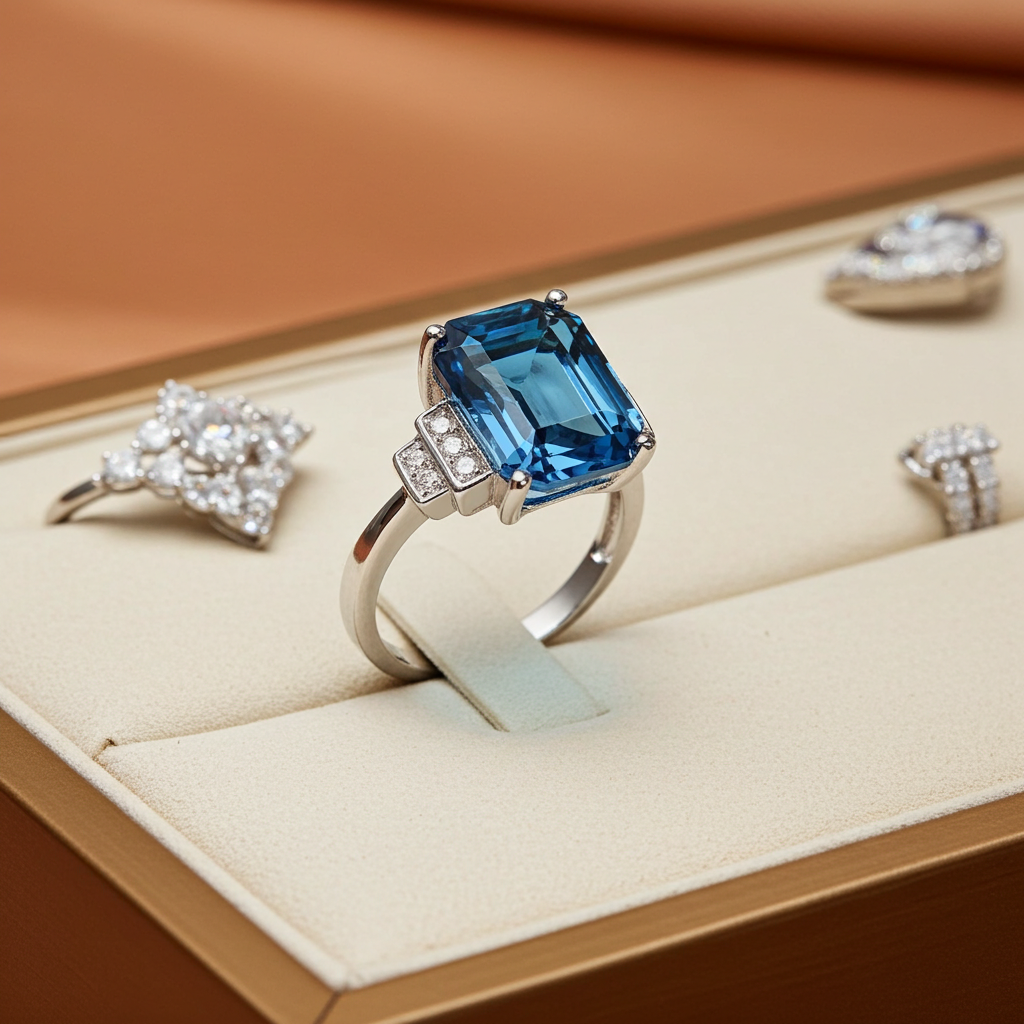3 Carat Emerald Cut London Blue Topaz Ring 925 Sterling Silver