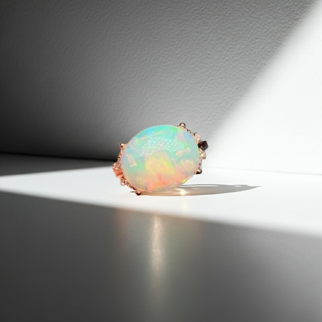 Horizontal White Fire Opal Gemstone Ring 925 Sterling Silver