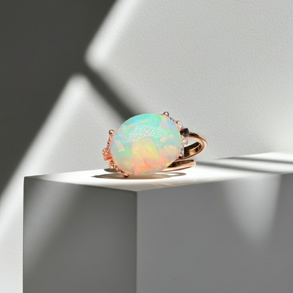 Horizontal White Fire Opal Gemstone Ring 925 Sterling Silver