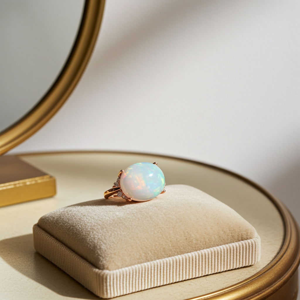 Horizontal White Fire Opal Gemstone Ring 925 Sterling Silver