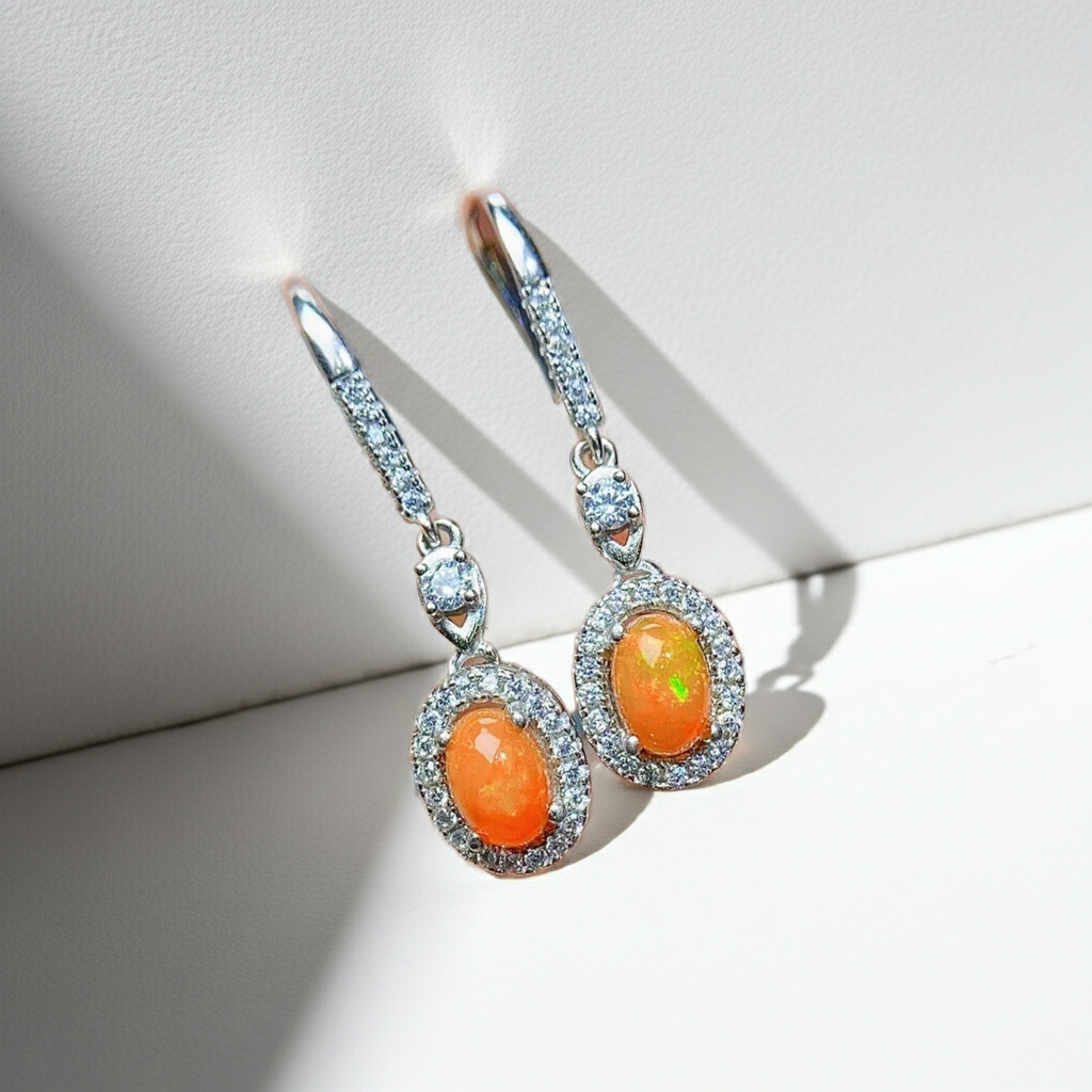 Mexican Orange Fire Opal Dangle Earrings 4x6mm 925 Sterling Silver