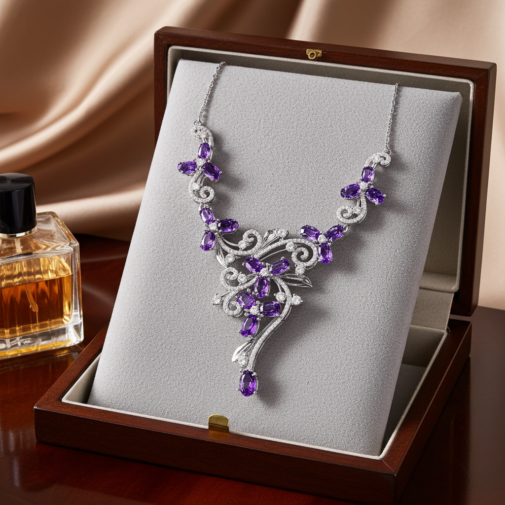 Amethyst Gemstone Flower Statement Necklace 925 Sterling
