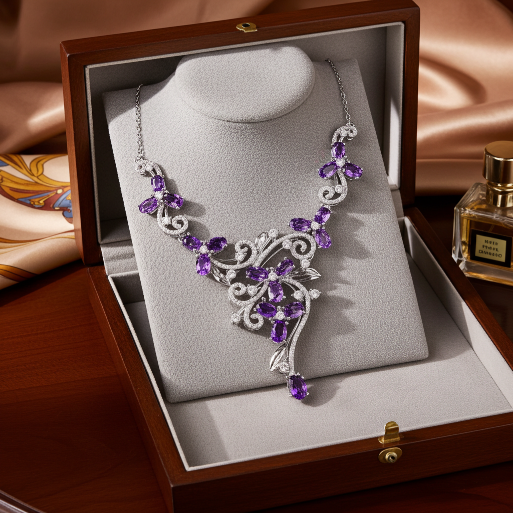 Amethyst Gemstone Flower Statement Necklace 925 Sterling