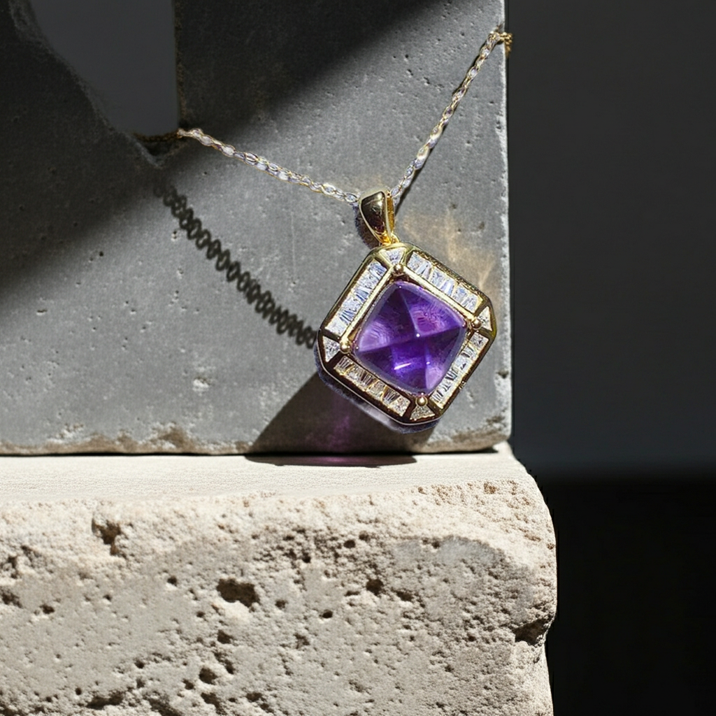 5CT Sugarloaf Amethyst Pendant Necklace 925 Sterling Silver