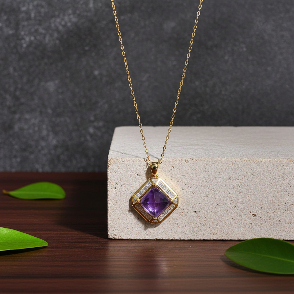 5CT Sugarloaf Amethyst Pendant Necklace 925 Sterling Silver