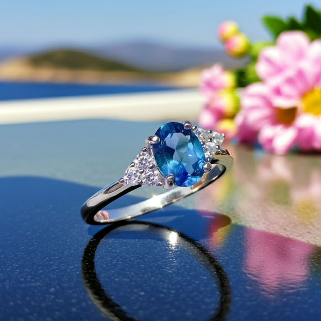 1.25CT London Blue Topaz Ring 925 Sterling Silver 6x8mm