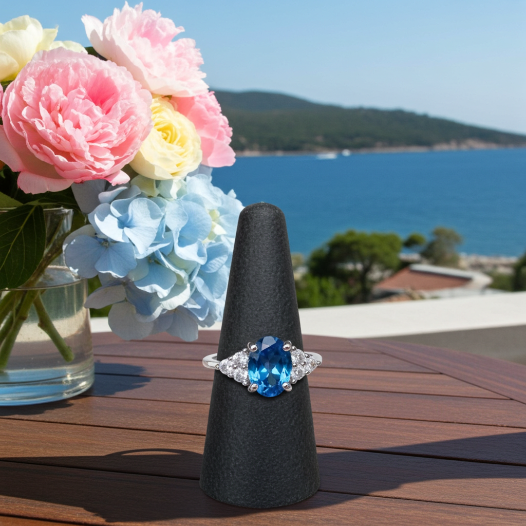 1.25CT London Blue Topaz Ring 925 Sterling Silver 6x8mm