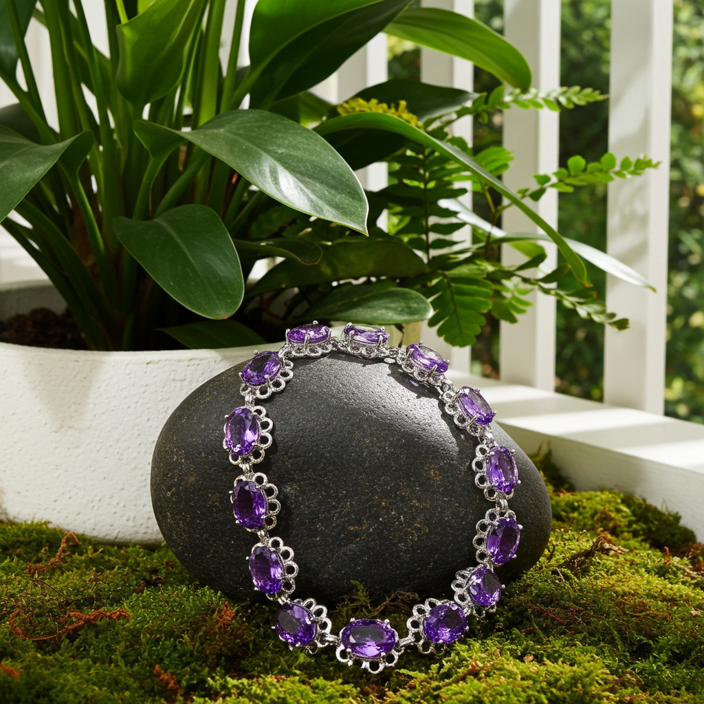 Natural Amethyst Flower Bracelet 5x7mm Sterling Silver