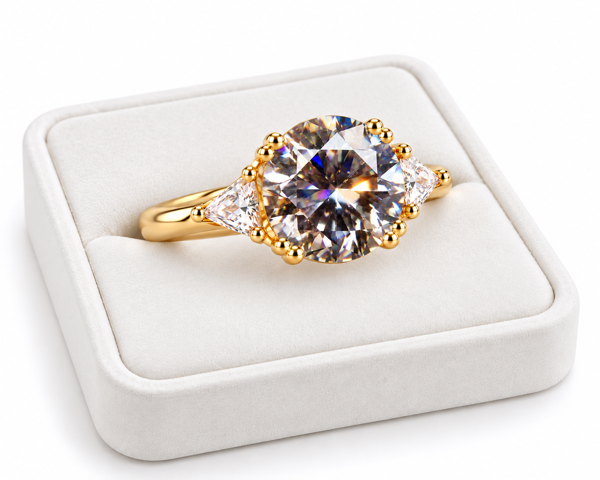 5 carat gray moissanite round brilliant cut ring displayed on a white velvet jewelry tray