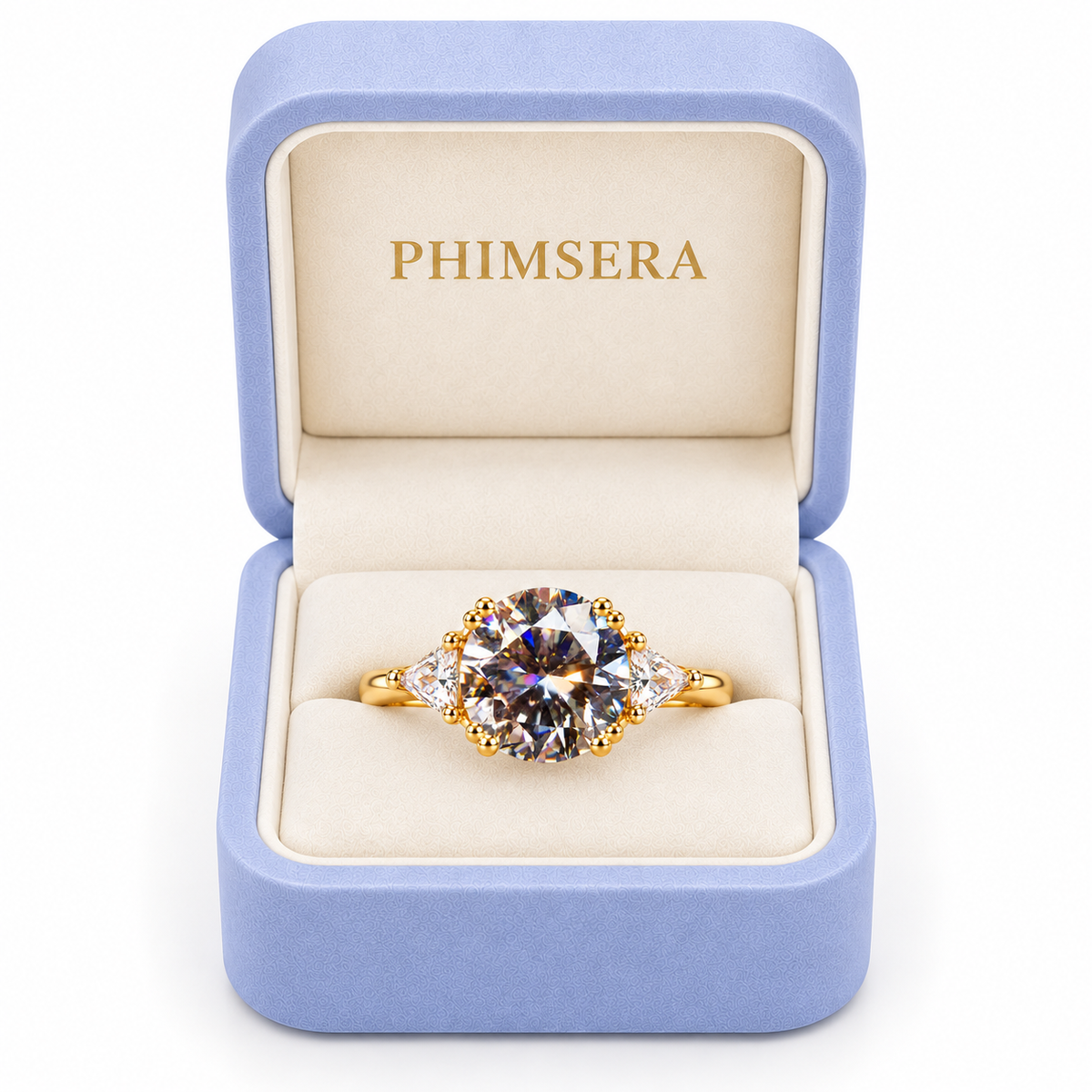 5 carat gray moissanite round brilliant cut ring presented in a Phimsera jewelry gift box