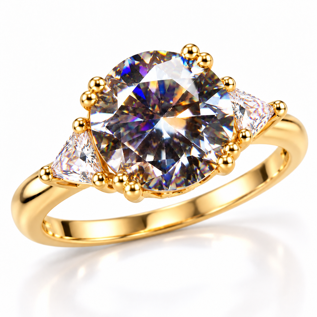 Angled view of 5 carat gray moissanite round brilliant cut ring with CZ accent stones
