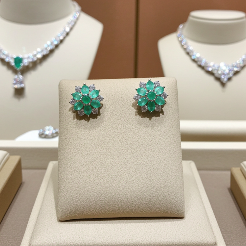 Natural Emerald Flower Cluster Earrings 925 Sterling Silver