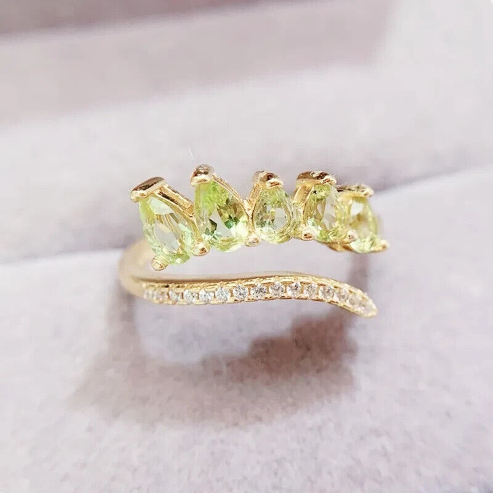 Natural Peridot Gemstone Pear Cut Band Ring, August Birthstone Peridot Ring