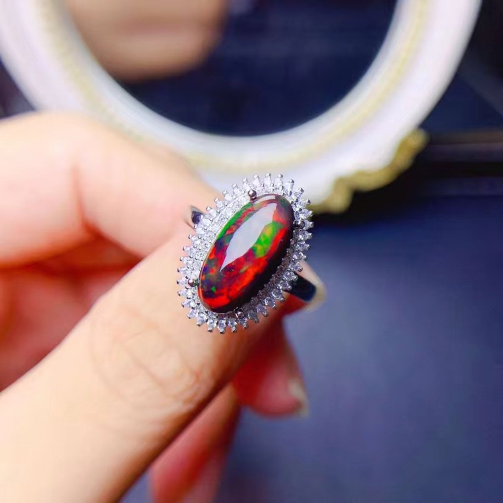 Colorful Fire Opal Statement Ring, Black Fire Opal Ring 7x14mm Sterling Silver