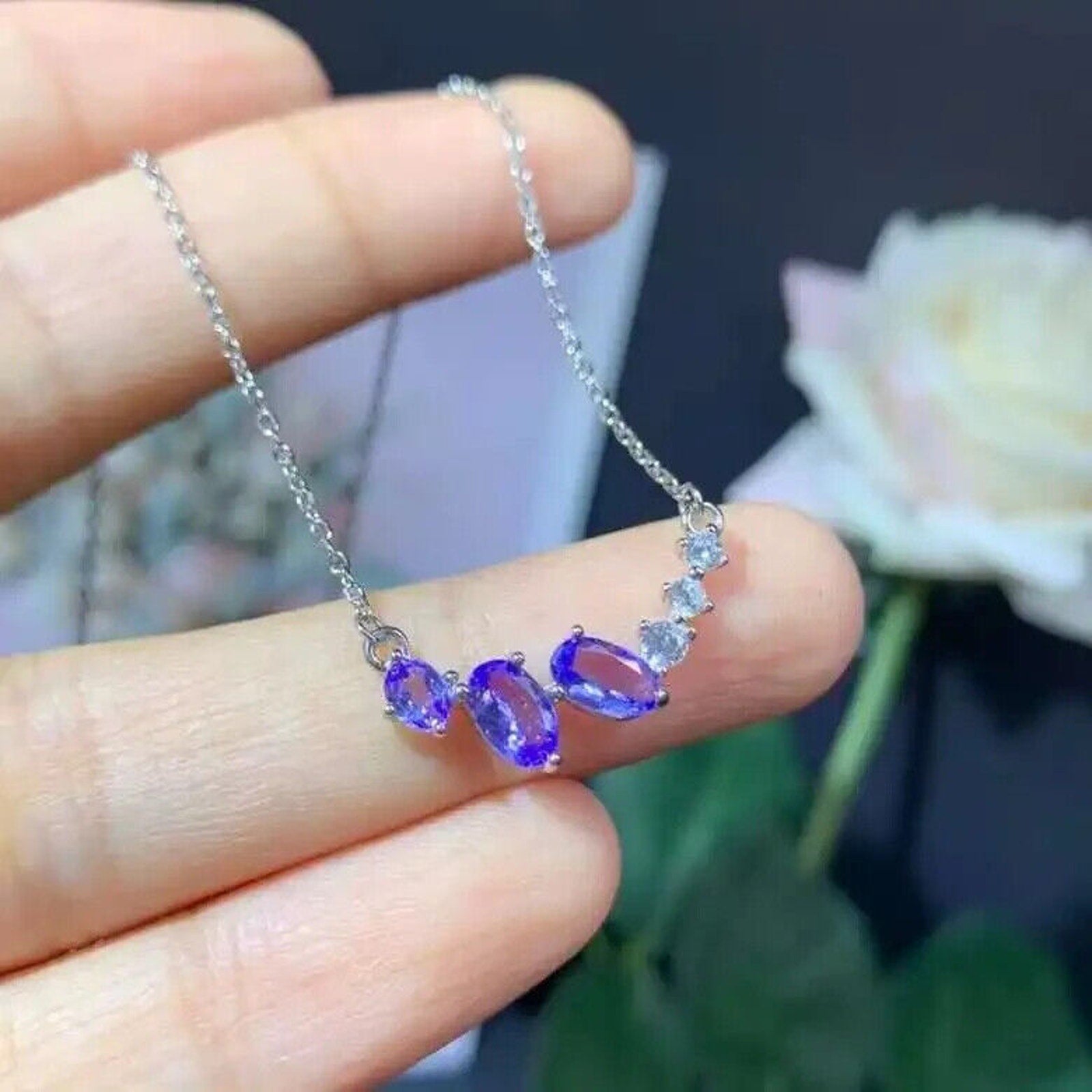 VVS1 Purple Tanzanite Clavicle Chain Necklace, Dainty Tanzanite Chain Necklace