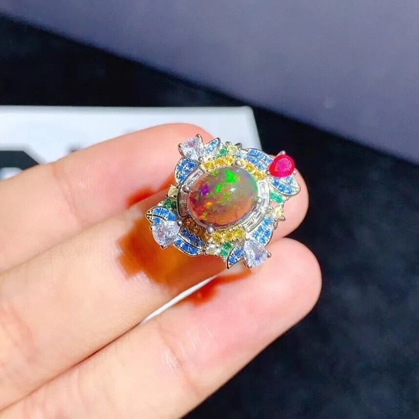 Black Fire Opal Cocktail Ring, Natural Opal Gemstone Ring, Women's Opal Rings