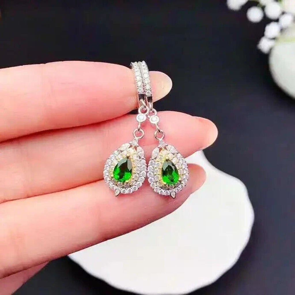 Chrome Diopside Pear Cut Dangle Hoop Earrings, Natural Diopside Earrings