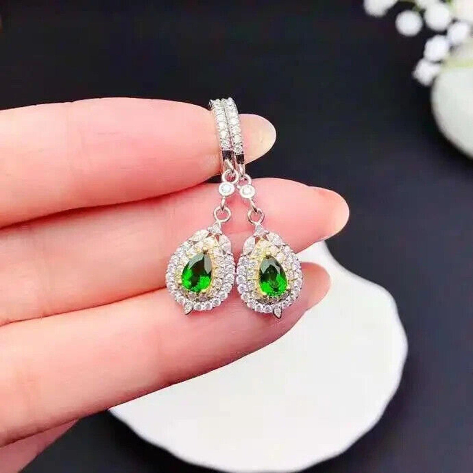 Chrome Diopside Pear Cut Dangle Hoop Earrings, Natural Diopside Earrings