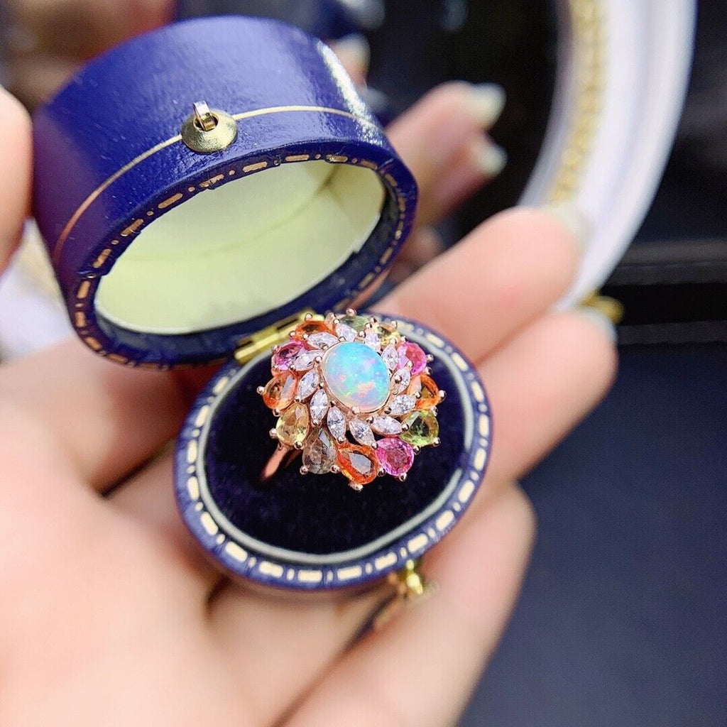 Australian White Opal and Sapphire Statement Ring, Colorful Sapphire and Opal