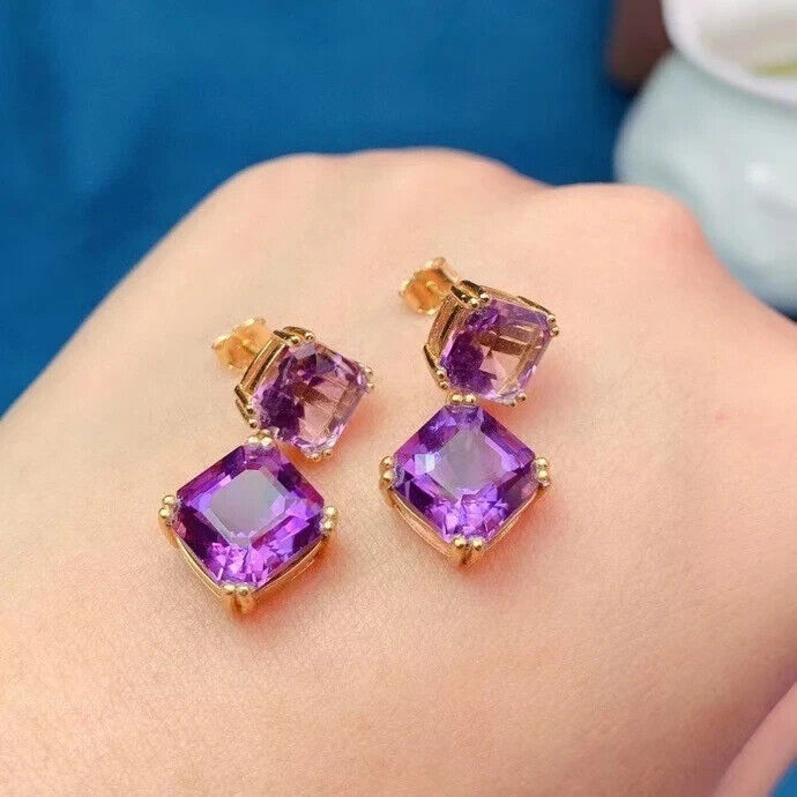 Amethyst Dangle Earrings 10mm Platinum Plated, Purple Amethyst Earrings