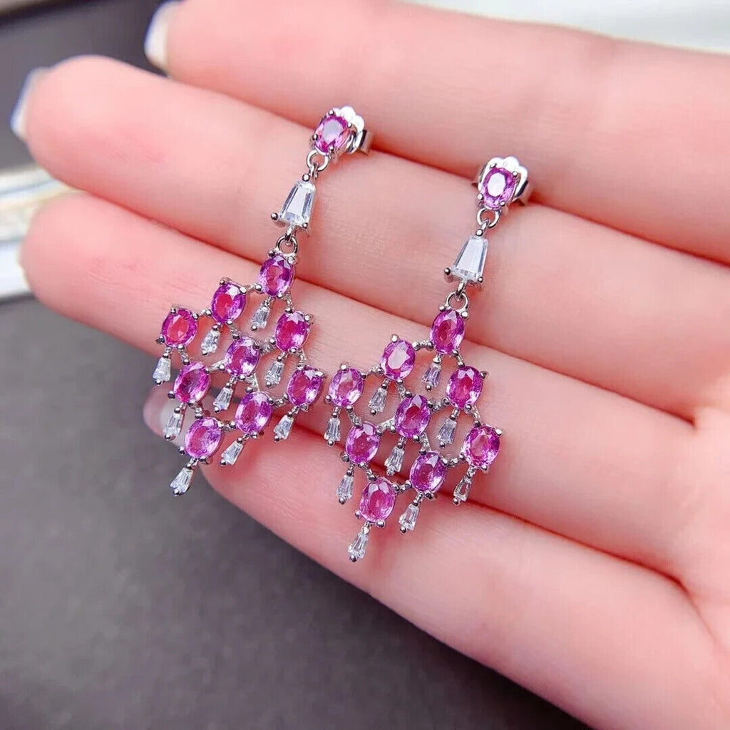 Pink Sapphire Chandelier Earrings VVS Grade 3x4mm Platinum Plated