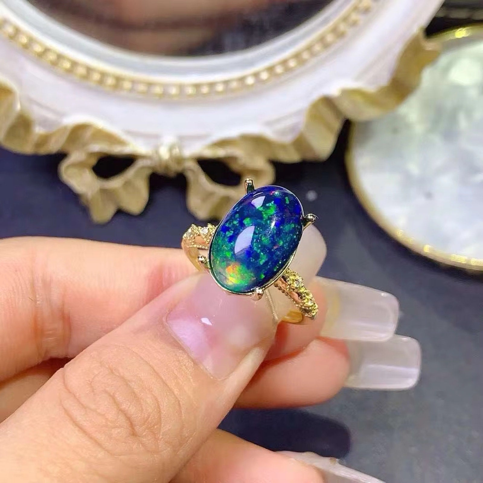 Black Opal Statement Ring, Australian Fire Opal Ring Sterling Silver 10x14mm