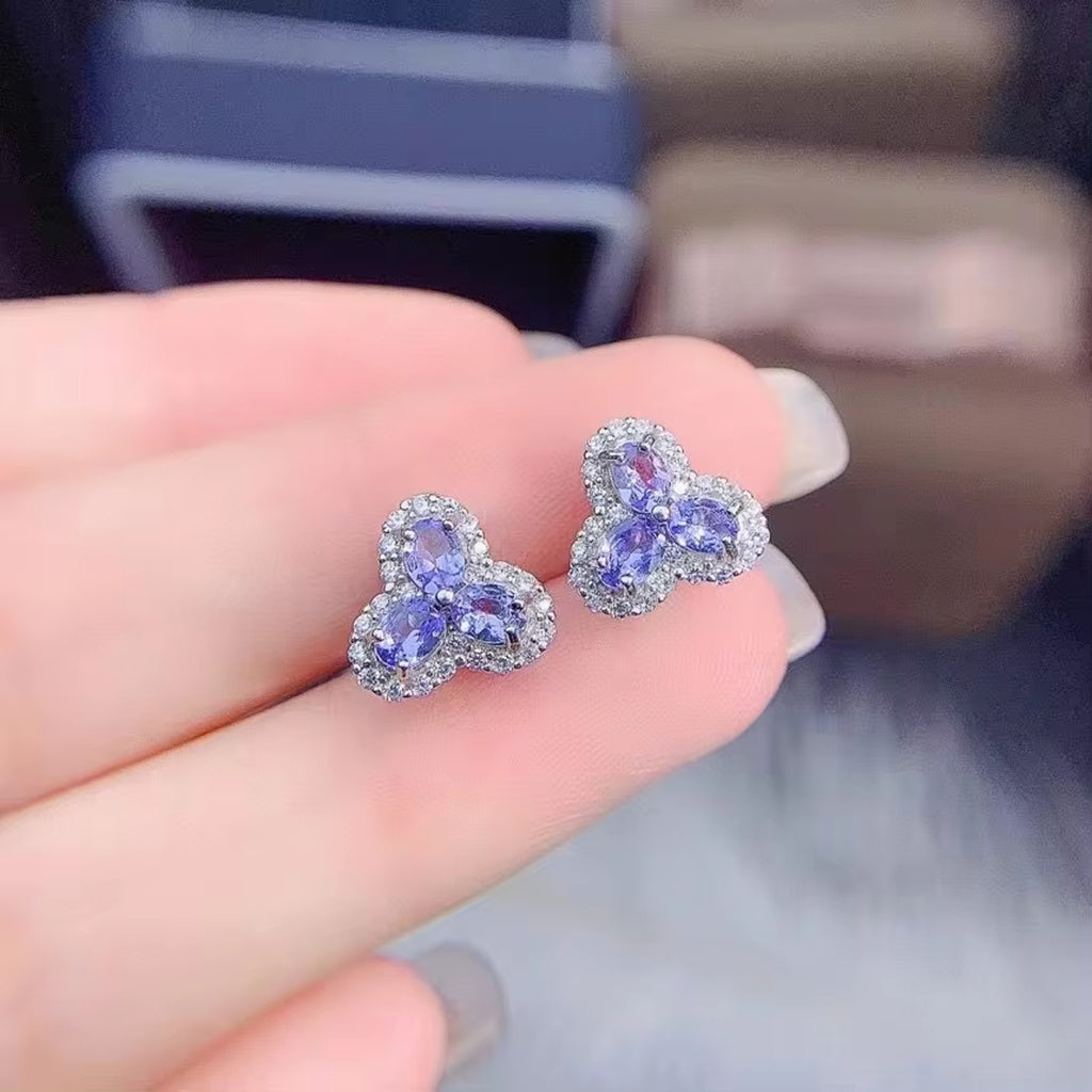 Purple Tanzanite Earrings, Tanzanite Gemstone Flower Earrings Sterling Silver