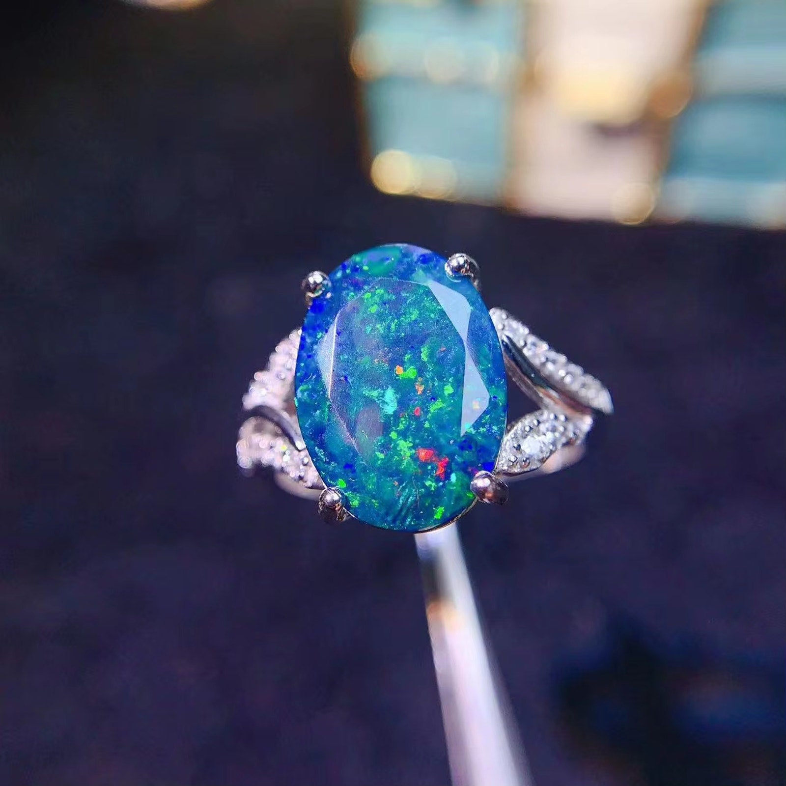 Natural Fire Opal Statement Ring, Black/ Blue Opal Ring ,Natural Fire Opal