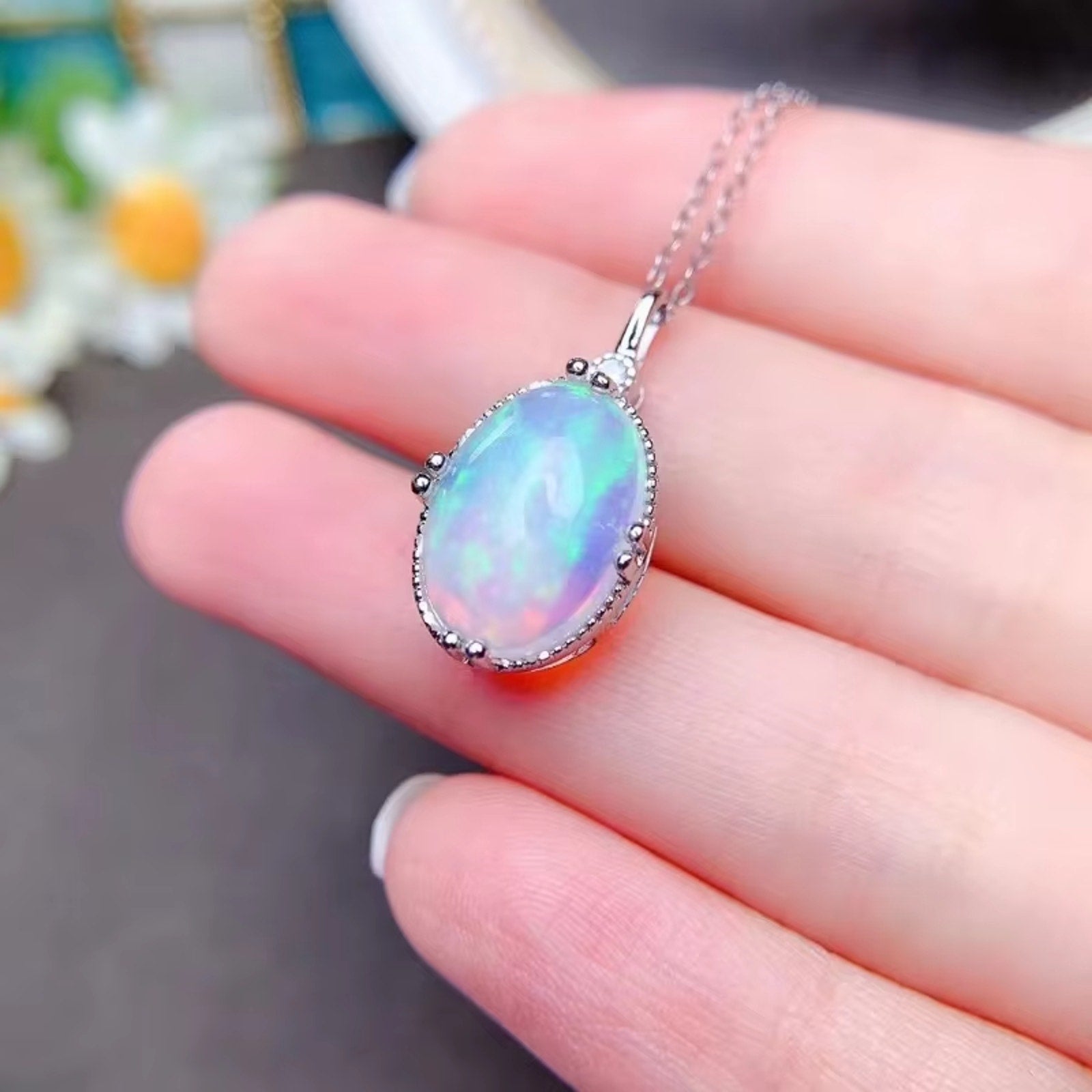Natural Fire Opal Pendant Necklace, Women's Opal Pendant Necklace 10x14mm