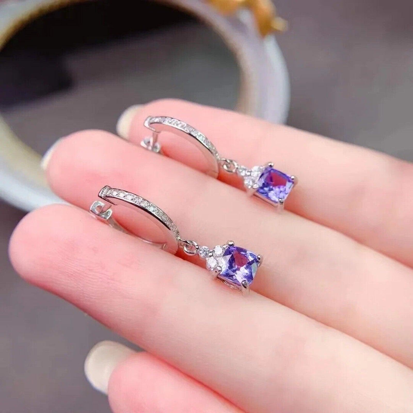 Natural Purple Tanzanite Hoop Earrings – 925 Sterling Silver Dangle Earrings