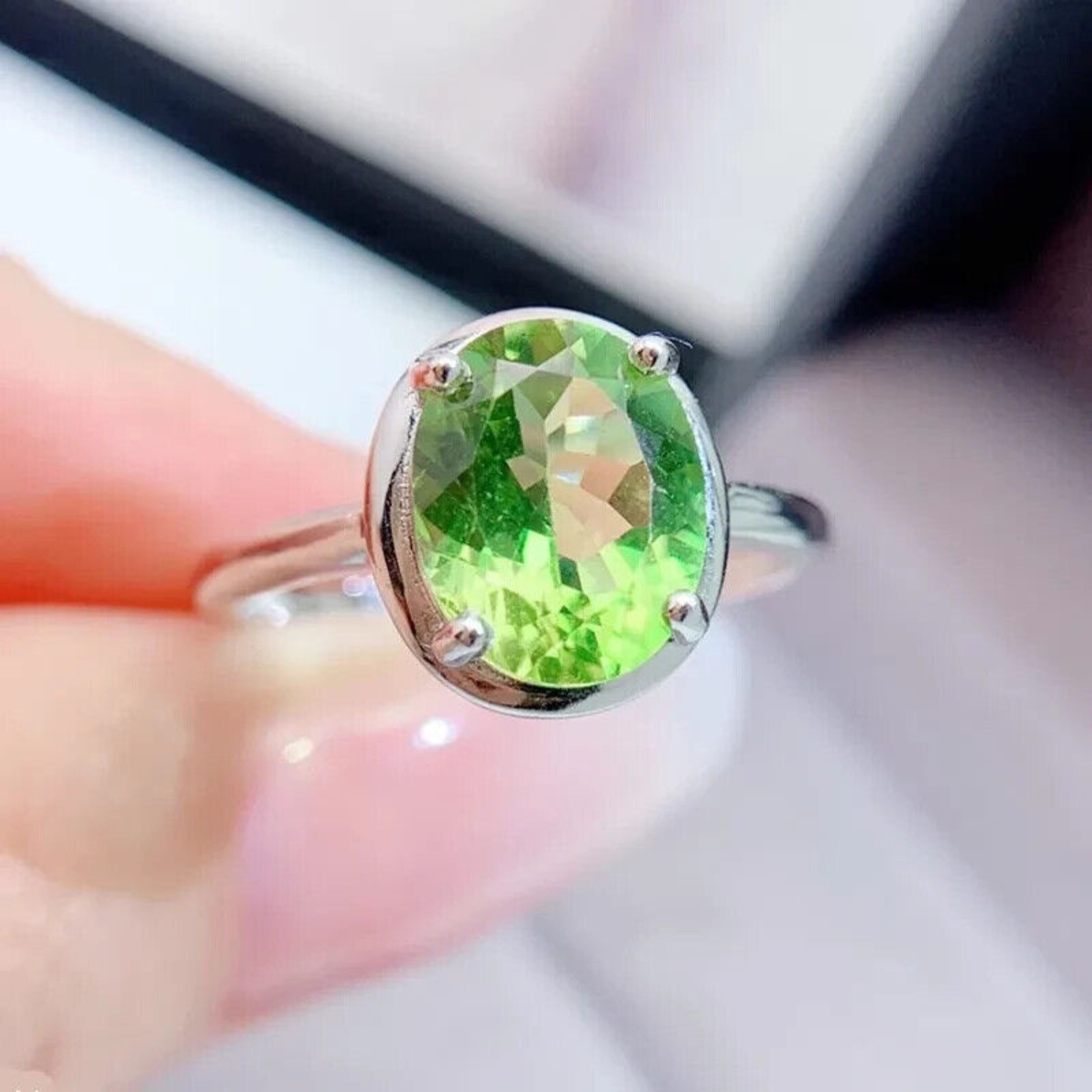Natural Peridot Gemstone Ring 8x10mm 2.5CT, August Birthstone Peridot Ring