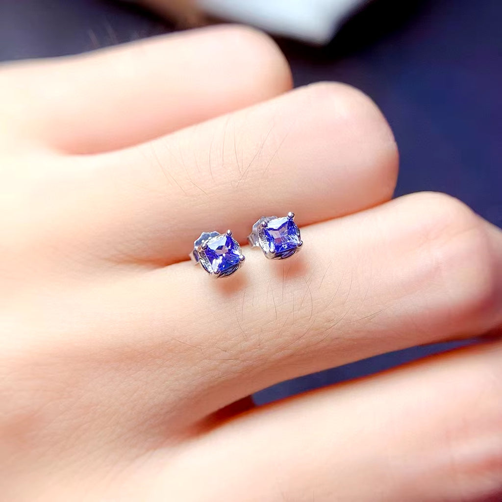 Natural Tanzanite Stud Earrings, Purple Tanzanite Earrings Sterling Silver