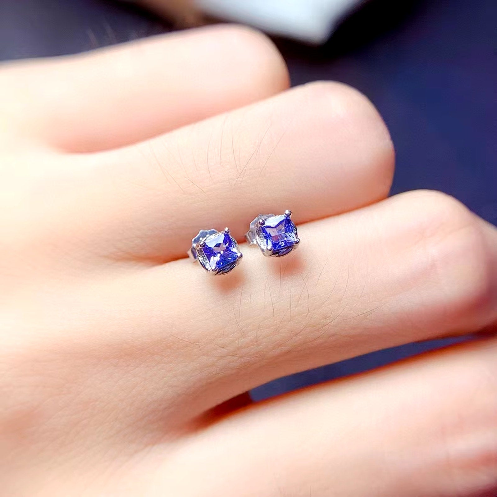 Natural Tanzanite Stud Earrings, Purple Tanzanite Earrings Sterling Silver