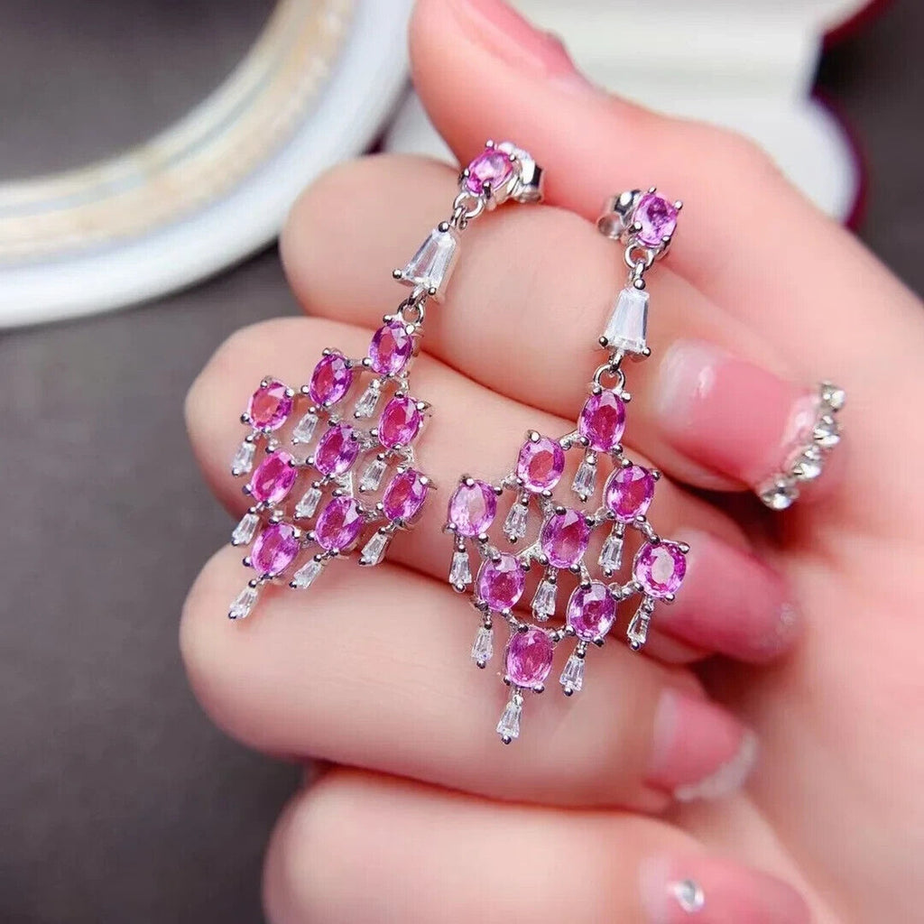 Pink Sapphire Chandelier Earrings VVS Grade 3x4mm Platinum Plated