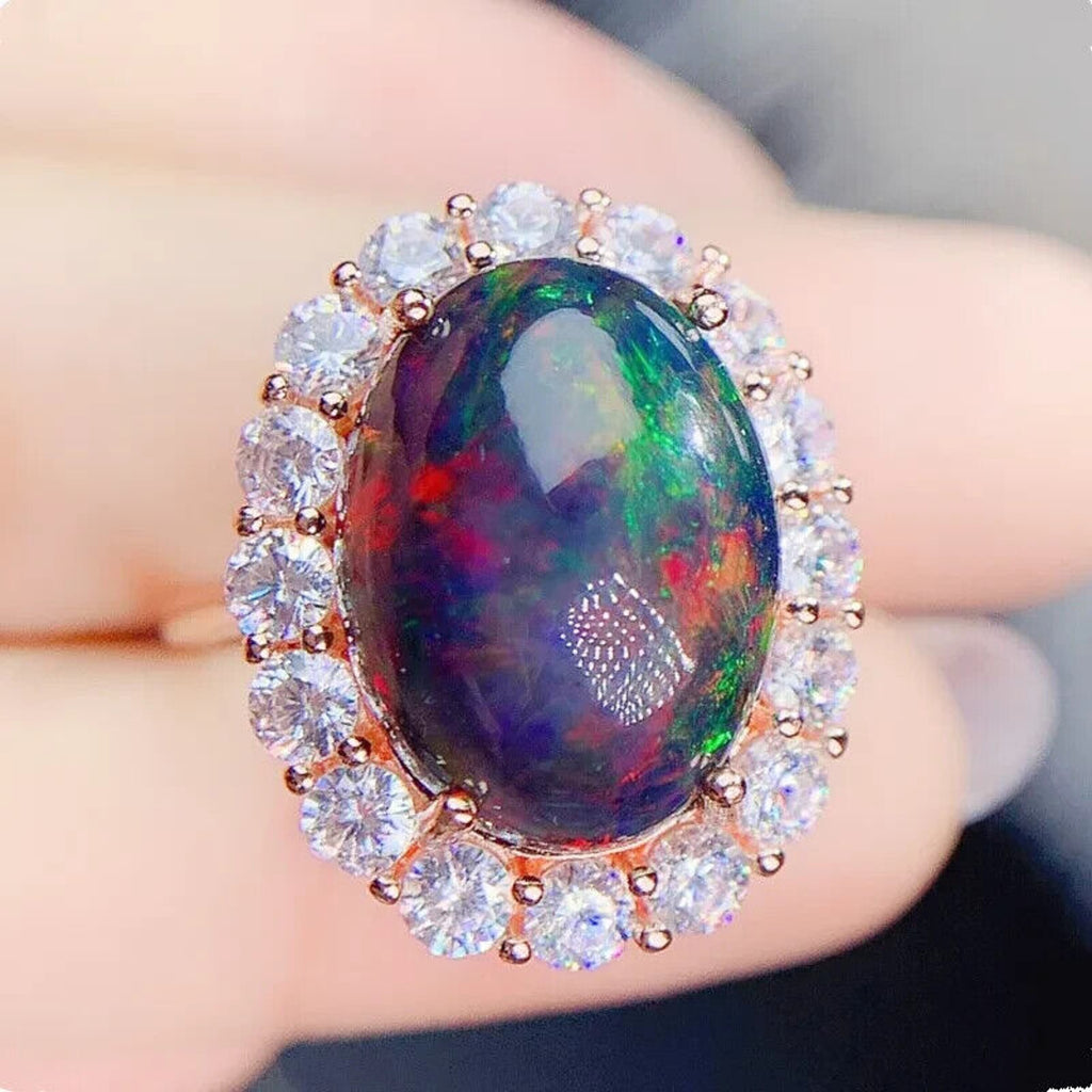 Huge Black Fire Opal Statement Ring 12x16mm 7CT, Natural Fire Opal Ring