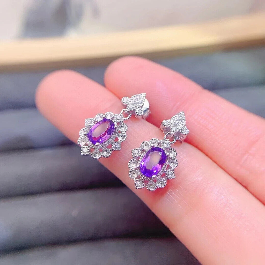 Amethyst Dangle Earrings 4x6mm Platinum Plated, Purple Amethyst Earrings