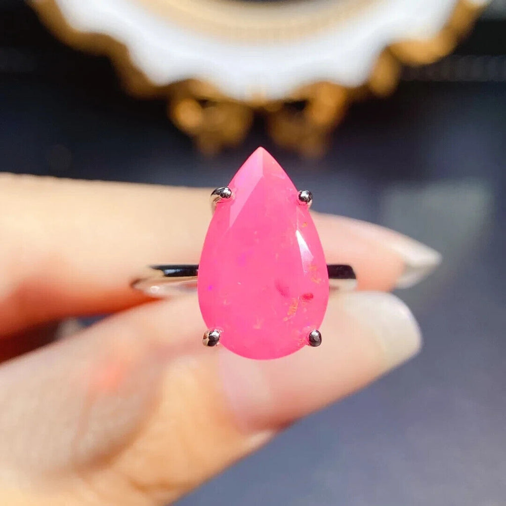 Pear Cut Pink Opal Ring 10x16mm, Pink Fire Opal Statement Ring Sterling Silver