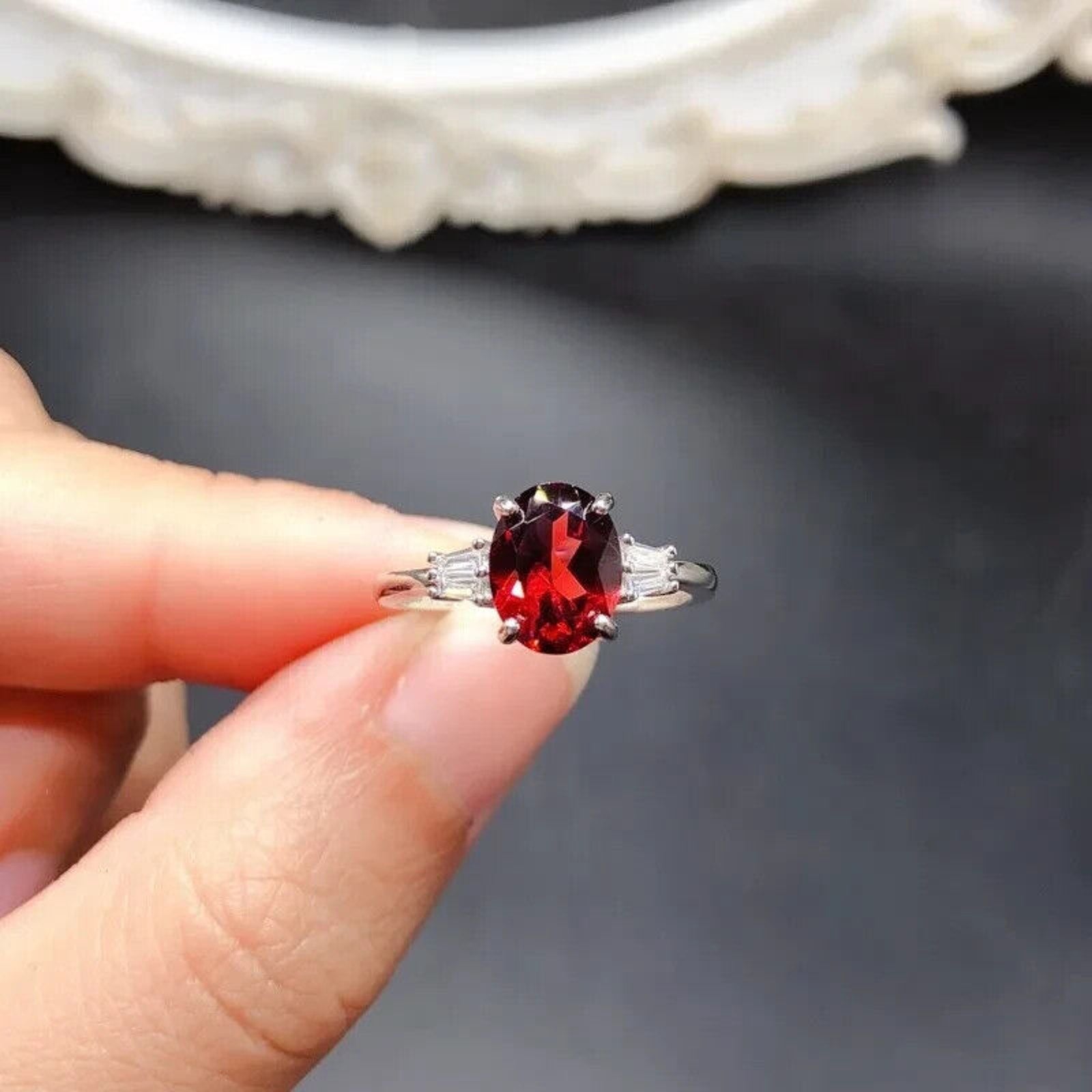 Red Garnet Oval Cut Cocktail Ring 7x9mm Platinum Pated Sterling Silver
