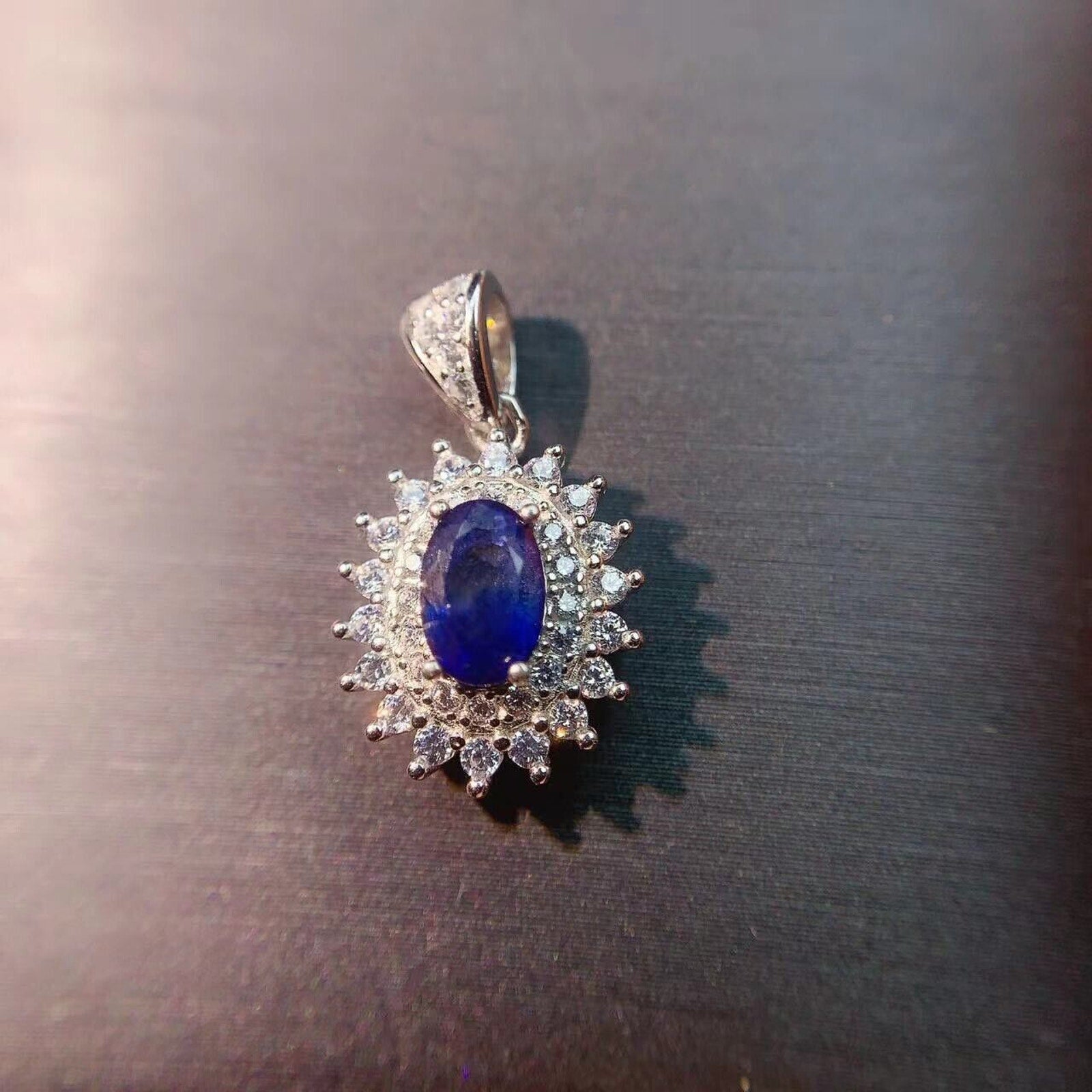 Genuine Blue Sapphire 4x6mm Pendant, Natural Sapphire Pendant with CZ Sterling