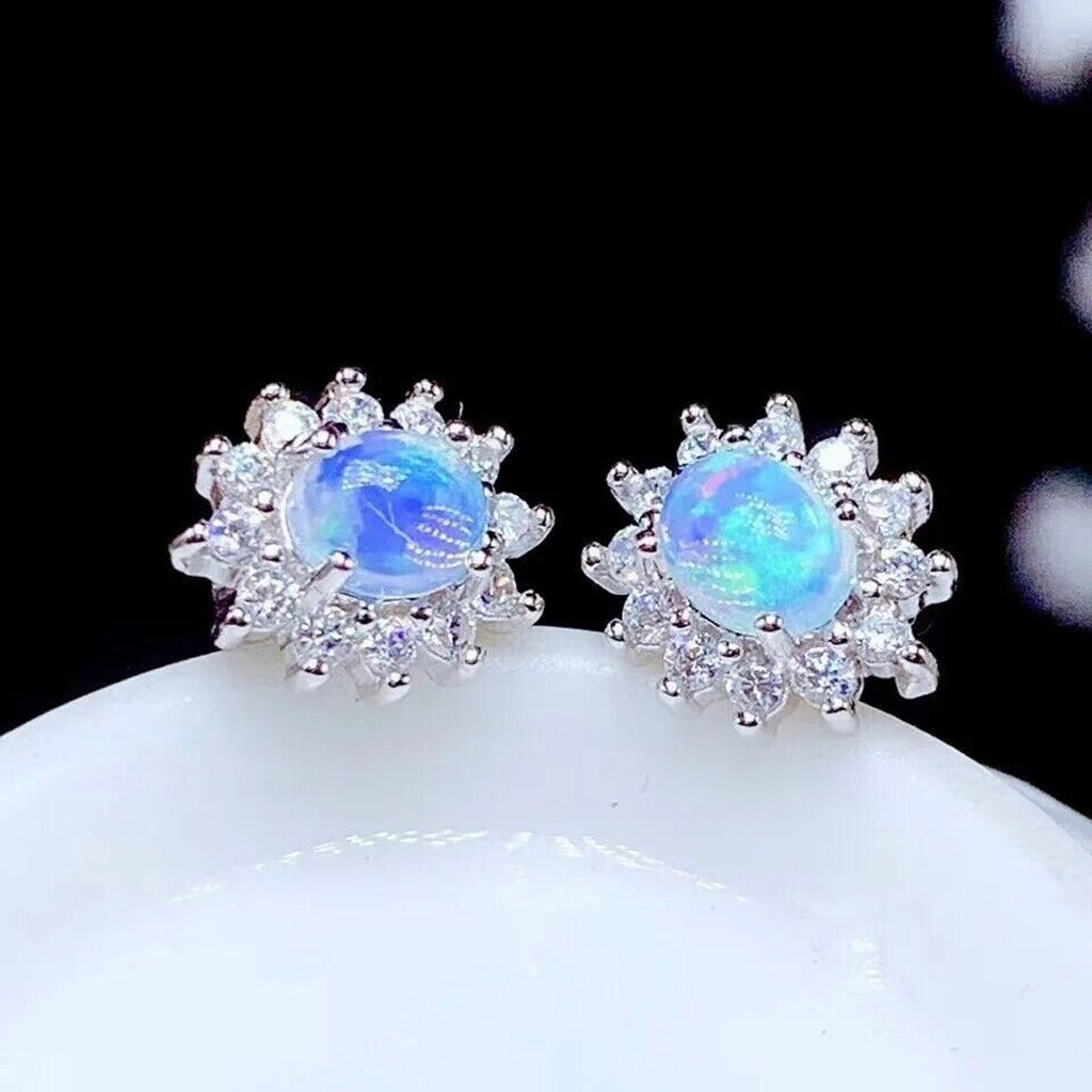 Stud Earrings Opal, Opal Gemstone Silver, Natural Opal Earrings 925 Sterling 4x5