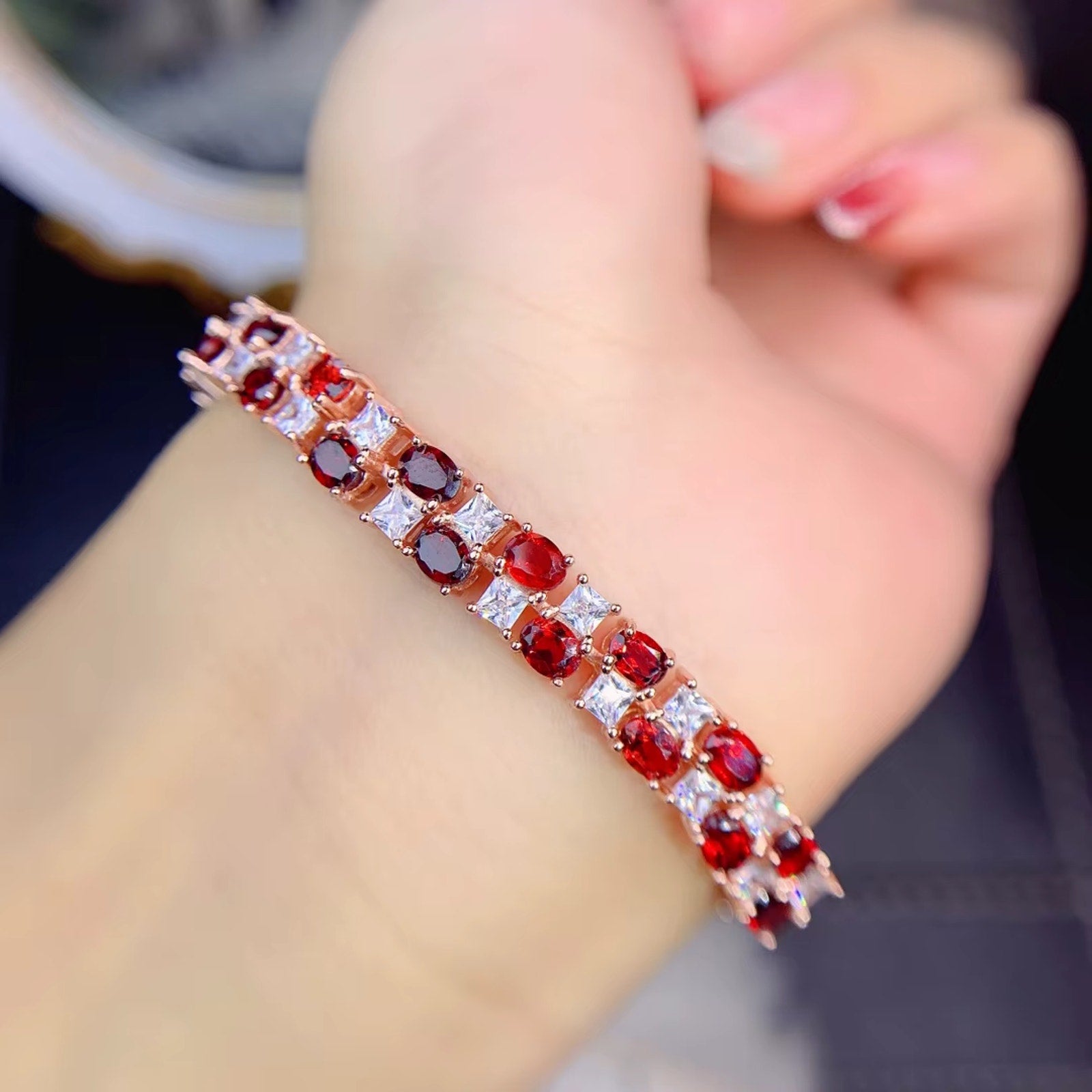 Red Garnet Tennis Bracelet, Natural Garnet Gemstone Bracelet 3x4mm 925 Sterling